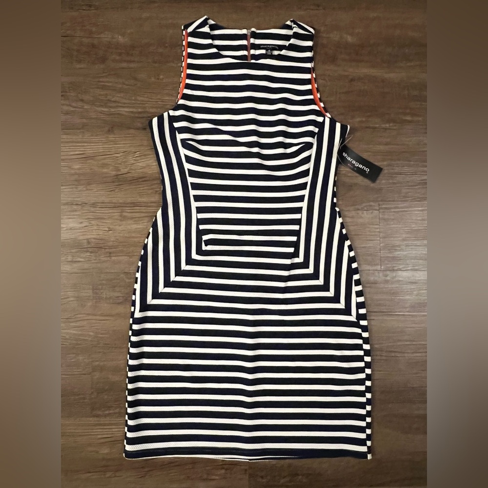 Sharagano Sheath Dress Sleeveless Black & White‎ Striped Textured Sz.10 NEW E17